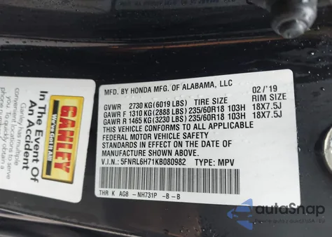 2019 Honda Odyssey Ex-L z USA, uszkodzony, nr VIN 5FNRL6H71KB080982